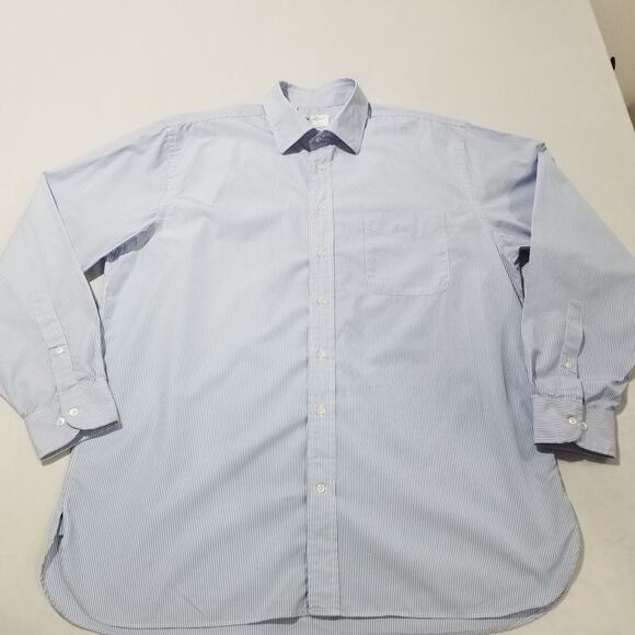Ben Silver Shirt Mens 17.5 36 Blue Stripe Button Down Dress Classic Pocket - Picture 2 of 13